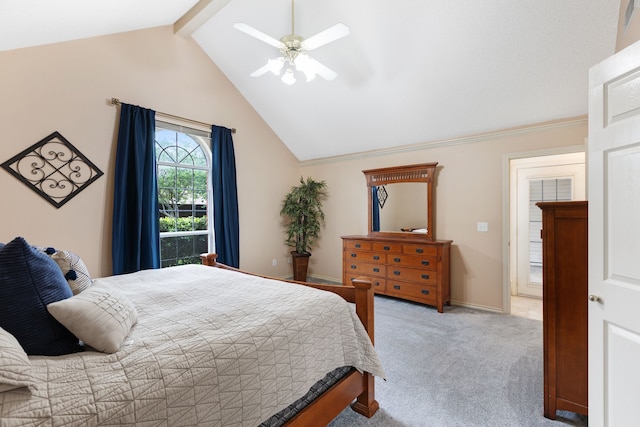 bedroom featuring baseboards, vaulted ceiling with beams, light carpet, and ceiling fan