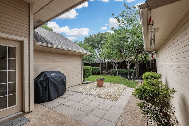 view of patio / terrace featuring a fenced backyard and area for grilling