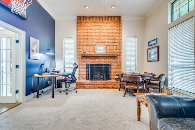 office area featuring carpet floors, ornamental molding, and a healthy amount of sunlight