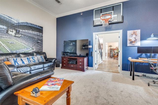 carpeted living area featuring crown molding, baseboards, and visible vents