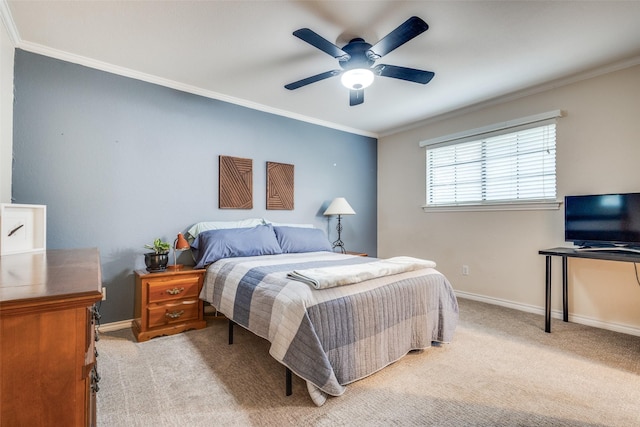 bedroom with baseboards, ornamental molding, and light carpet