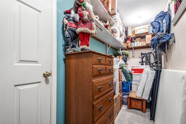 spacious closet featuring light carpet