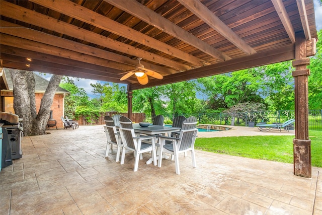 view of patio featuring outdoor dining space, area for grilling, a fenced in pool, a fenced backyard, and a ceiling fan