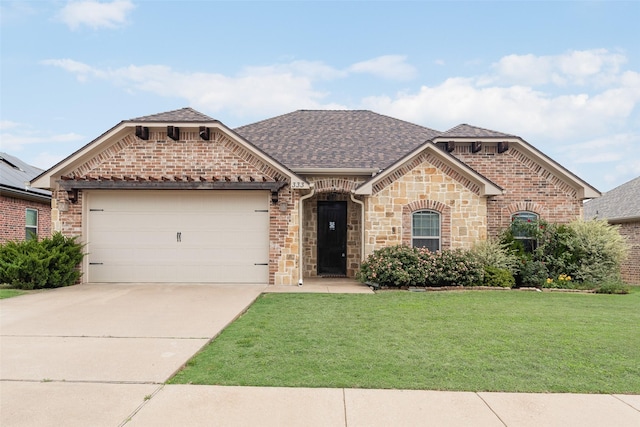 view of front facade with a shingled roof, an attached garage, stone siding, a front yard, and driveway