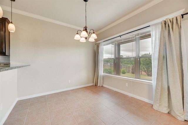 unfurnished dining area featuring crown molding, light tile patterned floors, an inviting chandelier, and baseboards