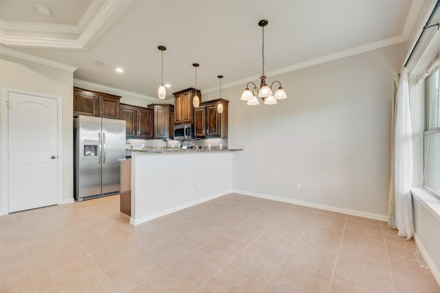 kitchen with crown molding, appliances with stainless steel finishes, a chandelier, and visible vents