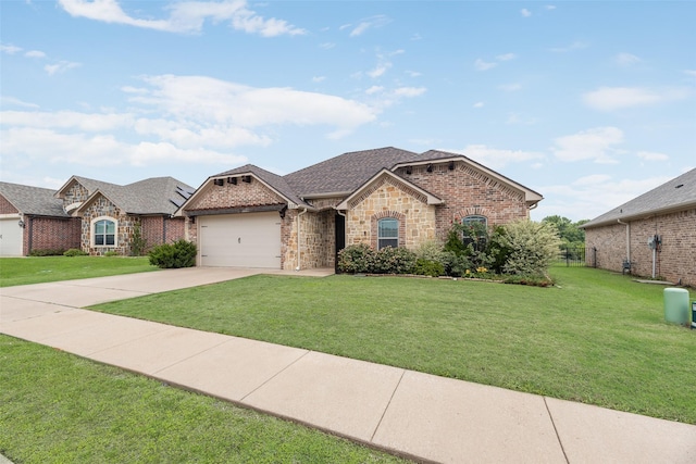 view of front of property featuring a garage, stone siding, a front yard, brick siding, and driveway