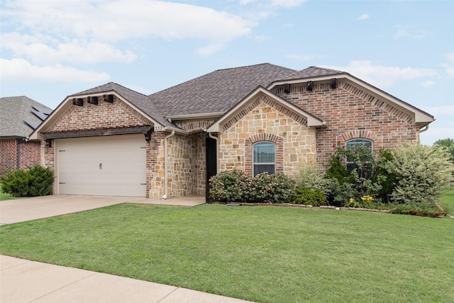view of front of home featuring a shingled roof, an attached garage, concrete driveway, and a front lawn