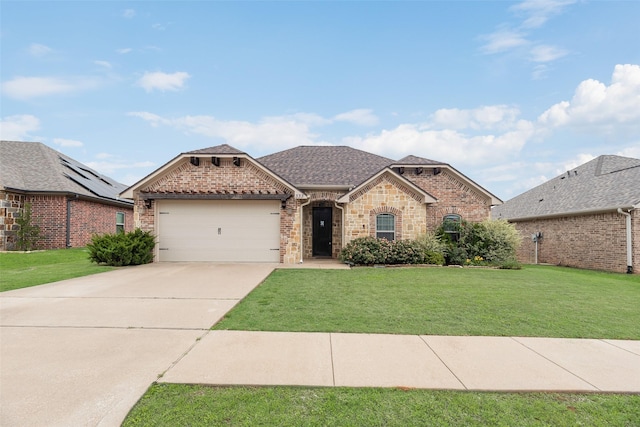 ranch-style house with brick siding, a garage, a front lawn, and concrete driveway