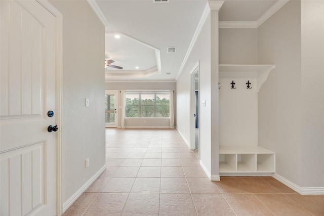 mudroom featuring ceiling fan, visible vents, ornamental molding, and light tile patterned floors