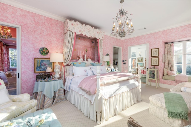 13230 Miller Rd, Azle, TX 76020 - bedroom with carpet floors, ornamental molding, multiple windows, and an inviting chandelier