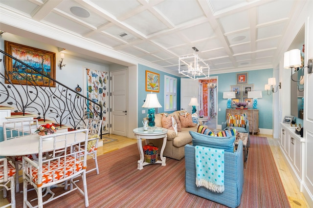 13230 Miller Rd, Azle, TX 76020 - living room featuring coffered ceiling, stairs, a chandelier, and visible vents