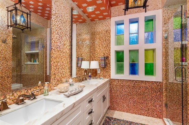 13230 Miller Rd, Azle, TX 76020 - bathroom with a sink, tile walls, and a shower stall