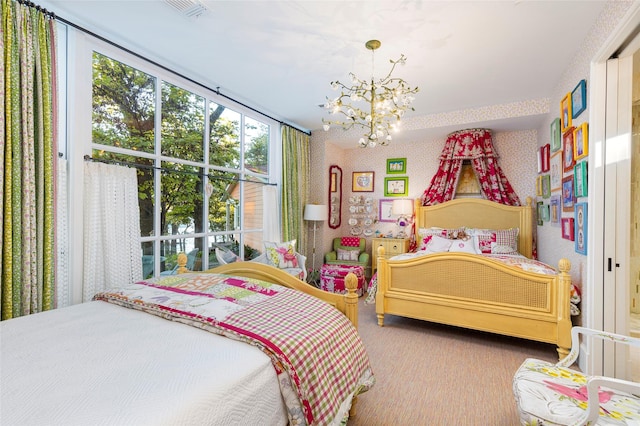 13230 Miller Rd, Azle, TX 76020 - bedroom with visible vents, carpet, wallpapered walls, and a notable chandelier