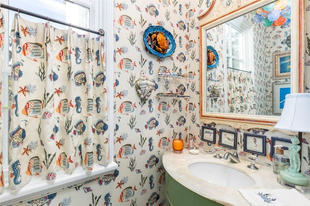 13230 Miller Rd, Azle, TX 76020 - full bath featuring vanity, a shower with shower curtain, and wallpapered walls