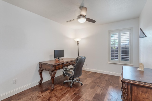 4045 Sun King Ln, Frisco, TX 75033 - home office featuring baseboards, ceiling fan, and dark wood-style flooring