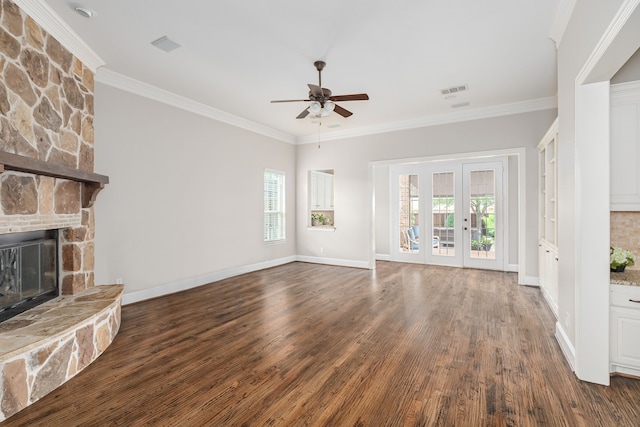 2231 Morning Dew Ct, Allen, TX 75013 - unfurnished living room featuring ceiling fan, plenty of natural light, dark wood-style flooring, and ornamental molding