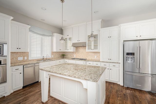 2231 Morning Dew Ct, Allen, TX 75013 - kitchen featuring stainless steel appliances, under cabinet range hood, dark wood-style floors, glass insert cabinets, and recessed lighting