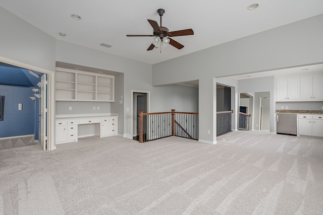 2231 Morning Dew Ct, Allen, TX 75013 - unfurnished living room with light colored carpet, a ceiling fan, baseboards, and recessed lighting