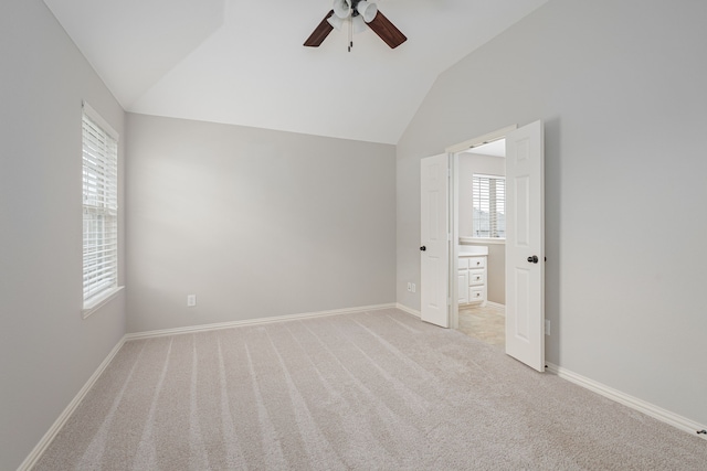 2231 Morning Dew Ct, Allen, TX 75013 - unfurnished bedroom featuring lofted ceiling, light colored carpet, baseboards, and a ceiling fan