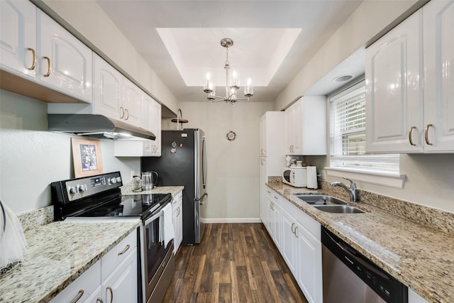 kitchen with a tray ceiling, a sink, under cabinet range hood, stainless steel appliances, and white cabinetry