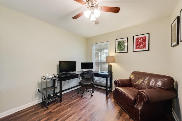 office featuring baseboards, ceiling fan, and wood finished floors