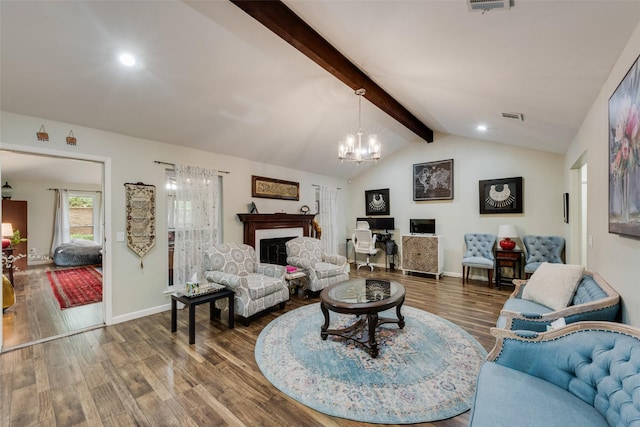living room with wood finished floors, vaulted ceiling with beams, a chandelier, and visible vents