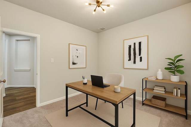 5608 Crestview Dr, Celina, TX 75009 - carpeted office space with visible vents, baseboards, and a chandelier