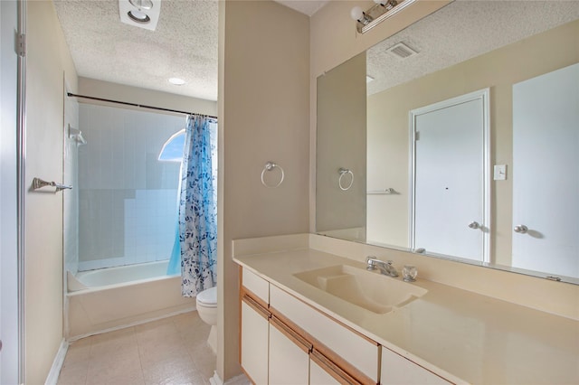 bathroom featuring vanity, toilet, baseboards, shower / bathtub combination with curtain, and a textured ceiling