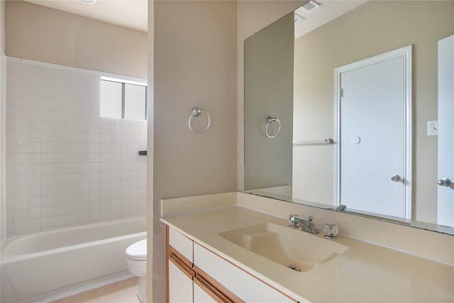 full bath featuring toilet, shower / tub combination, and vanity