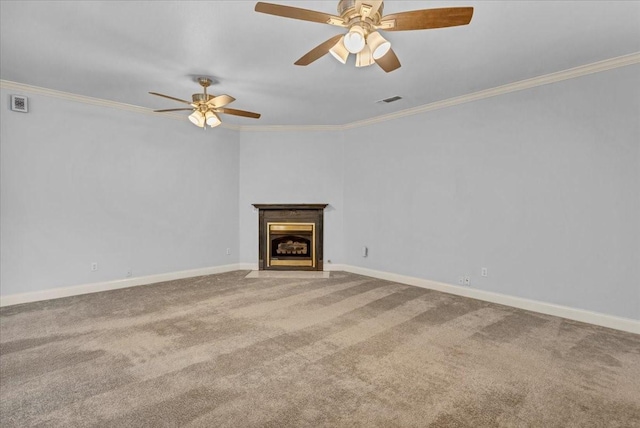 unfurnished living room with crown molding, carpet, a ceiling fan, baseboards, and visible vents