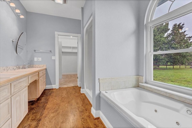 bathroom with double vanity, wood finished floors, a tub with jets, baseboards, and a sink