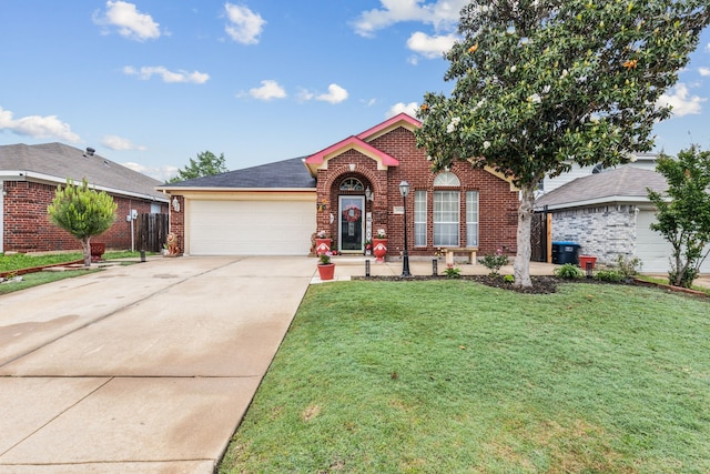 view of front of home with brick siding, an attached garage, driveway, and a front lawn