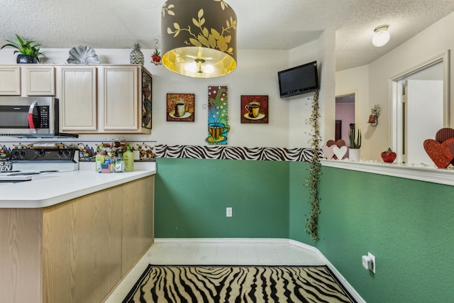 kitchen featuring baseboards, a textured ceiling, stove, and stainless steel microwave