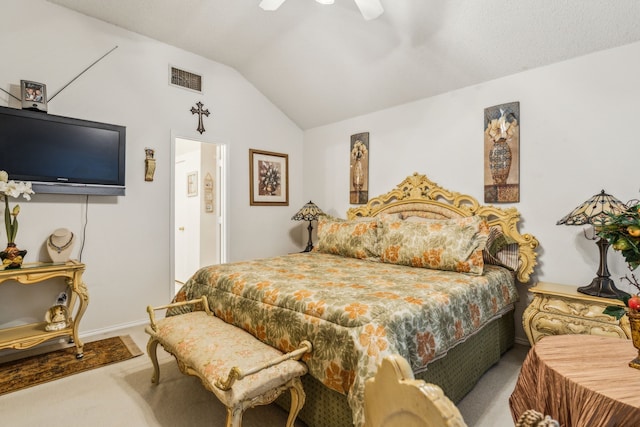 carpeted bedroom featuring baseboards, ceiling fan, vaulted ceiling, and visible vents