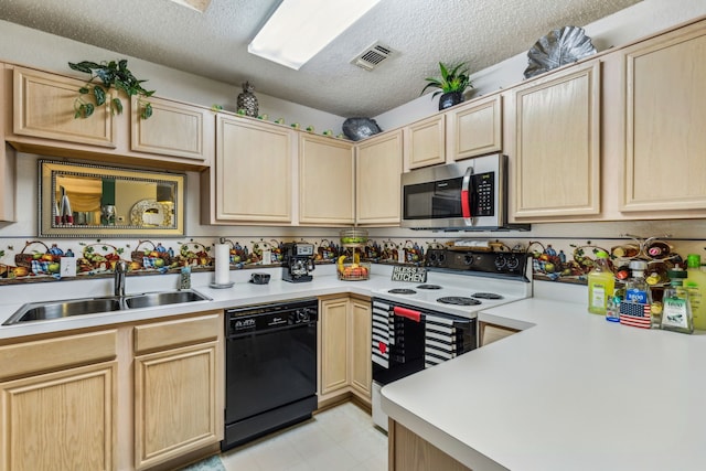 kitchen with light brown cabinetry, a sink, dishwasher, stainless steel microwave, and range with electric stovetop