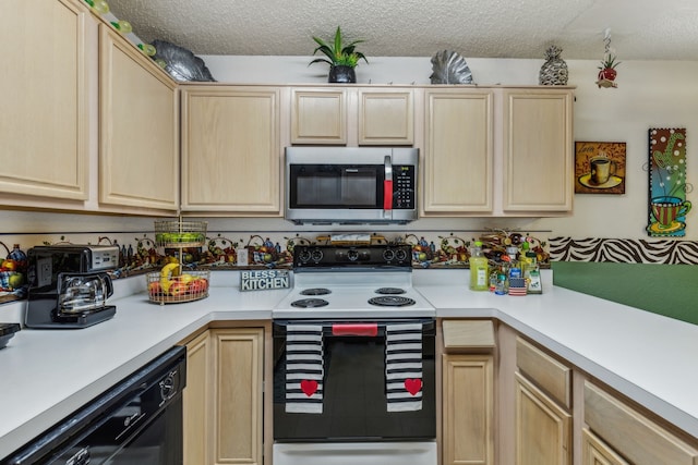 kitchen with electric range, stainless steel microwave, light brown cabinetry, and black dishwasher