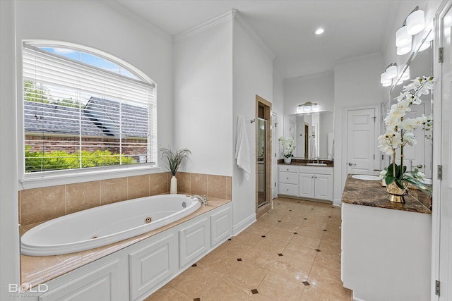 10535 Longfellow Trce, Shreveport, LA 71106 - full bath with healthy amount of natural light, a shower stall, a whirlpool tub, crown molding, and vanity