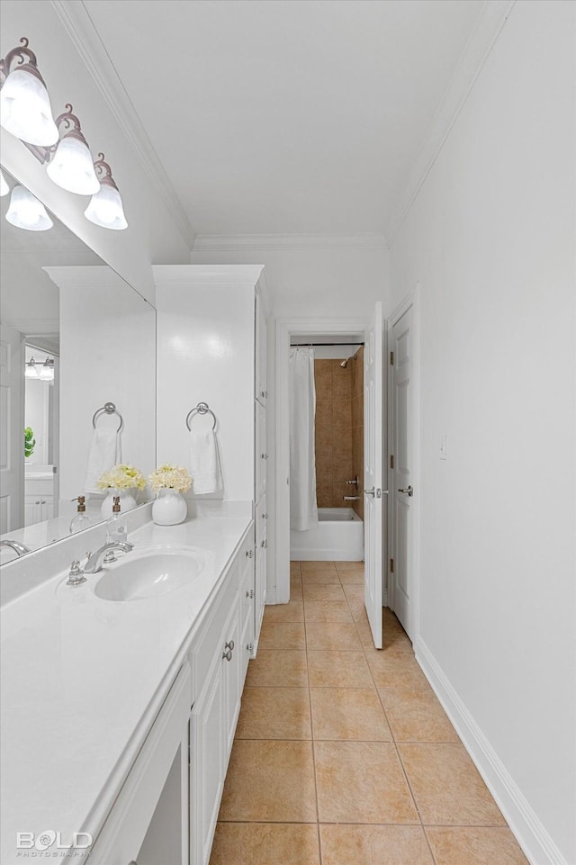 10535 Longfellow Trce, Shreveport, LA 71106 - full bathroom with tile patterned floors, vanity, shower / tub combo with curtain, crown molding, and baseboards