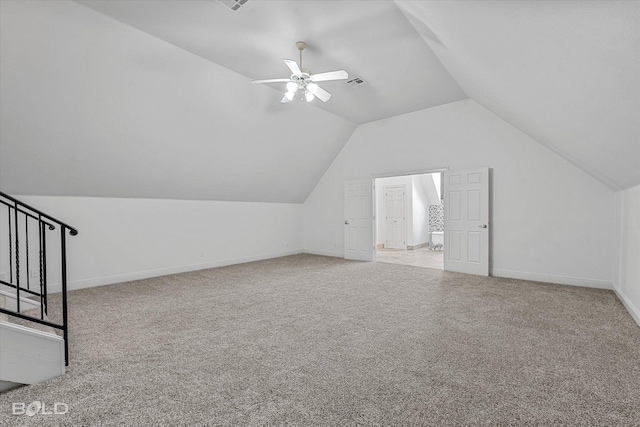 10535 Longfellow Trce, Shreveport, LA 71106 - additional living space featuring vaulted ceiling, carpet, baseboards, ceiling fan, and stairs