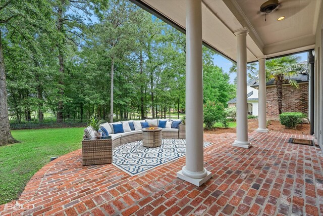 10535 Longfellow Trce, Shreveport, LA 71106 - view of patio with an outdoor hangout area and view of wooded area
