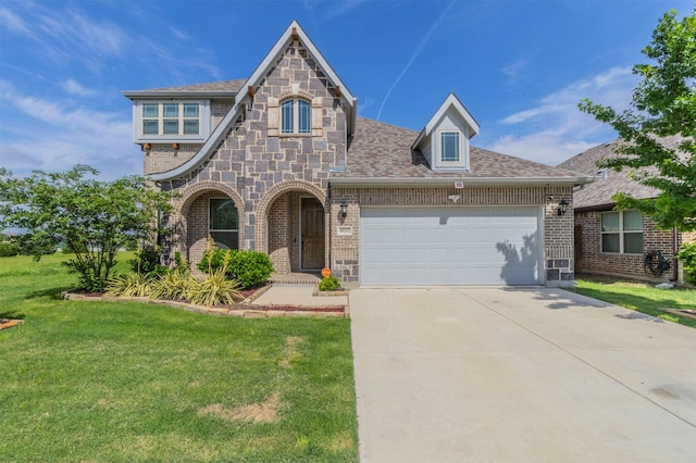 french country inspired facade with brick siding, a front lawn, an attached garage, and driveway