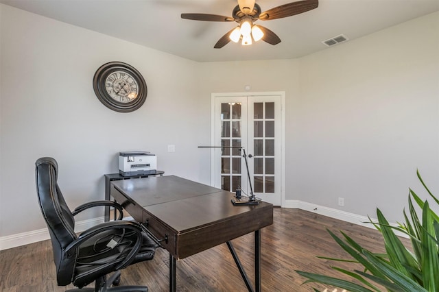 home office with visible vents, baseboards, ceiling fan, dark wood-style floors, and french doors