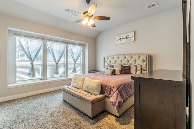 bedroom featuring baseboards, ceiling fan, carpet floors, and visible vents