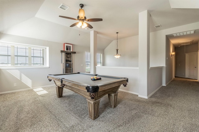 playroom featuring plenty of natural light, ceiling fan, carpet, and attic access