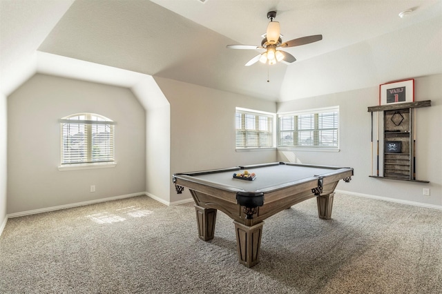 playroom with a healthy amount of sunlight, carpet floors, ceiling fan, and vaulted ceiling