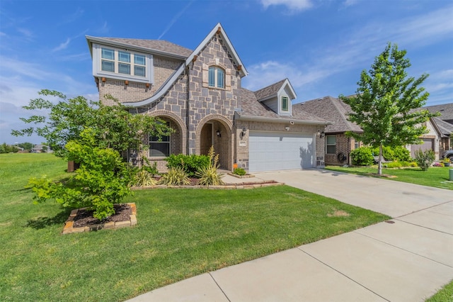 view of front of house with a garage, a front yard, and brick siding