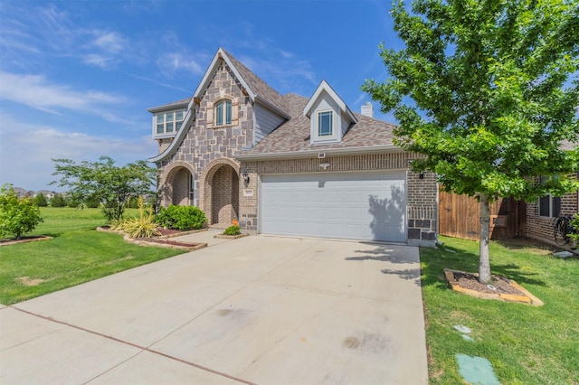 view of front of house featuring a front lawn, a chimney, brick siding, an attached garage, and driveway