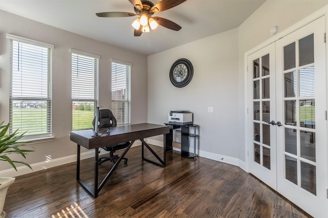 office area with baseboards, ceiling fan, french doors, and dark wood finished floors