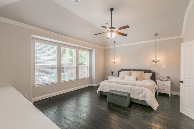 bedroom with crown molding, visible vents, baseboards, dark wood-type flooring, and vaulted ceiling